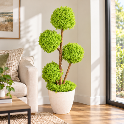 Artificial lime green four-ball topiary in white planter - home