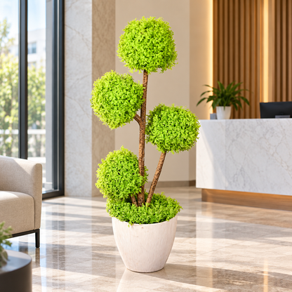 Artificial lime green four-ball topiary in white planter - office
