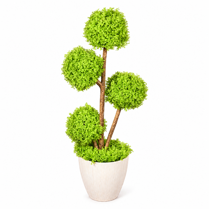 Artificial lime green four-ball topiary in white planter - side