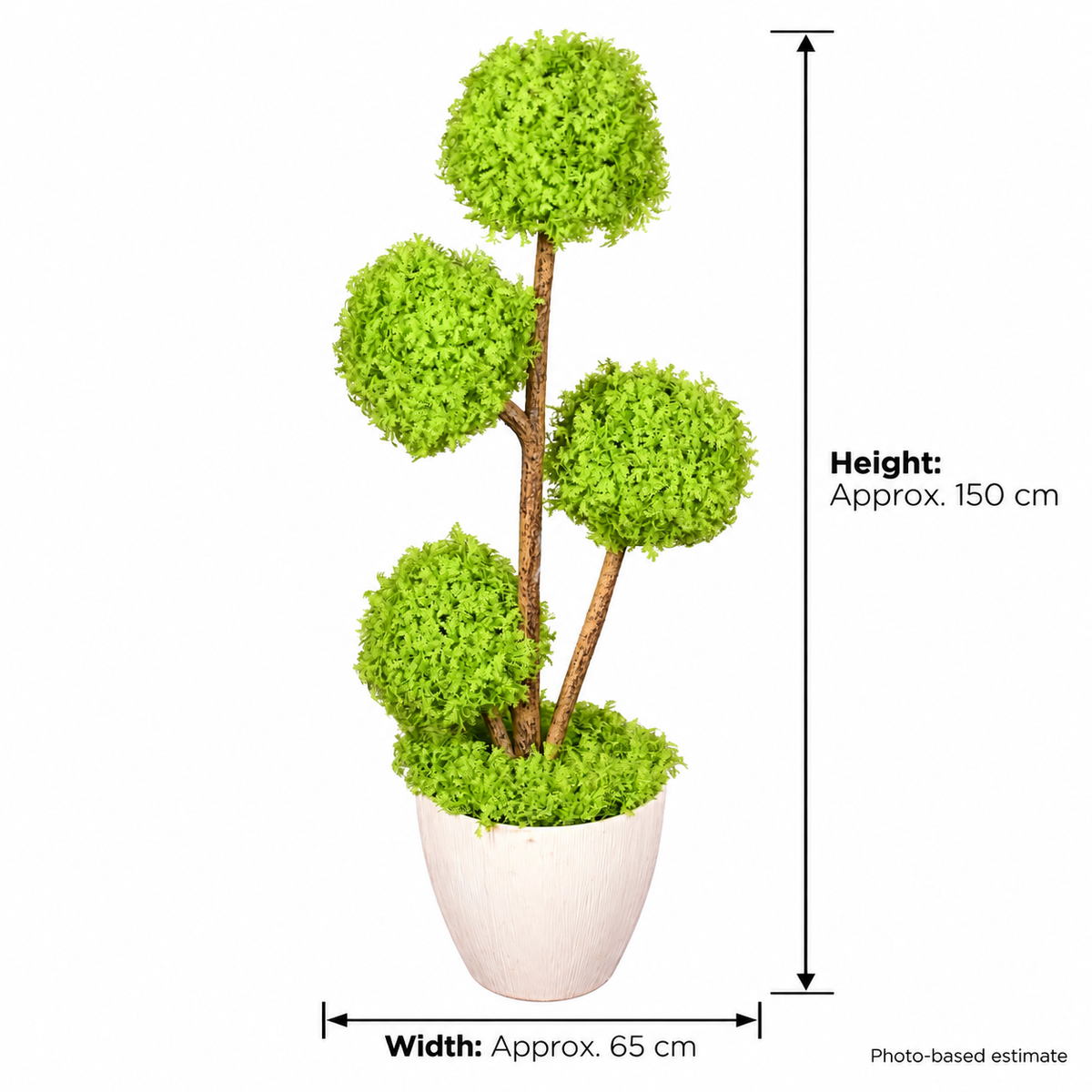 Artificial lime green four-ball topiary in white planter - size
