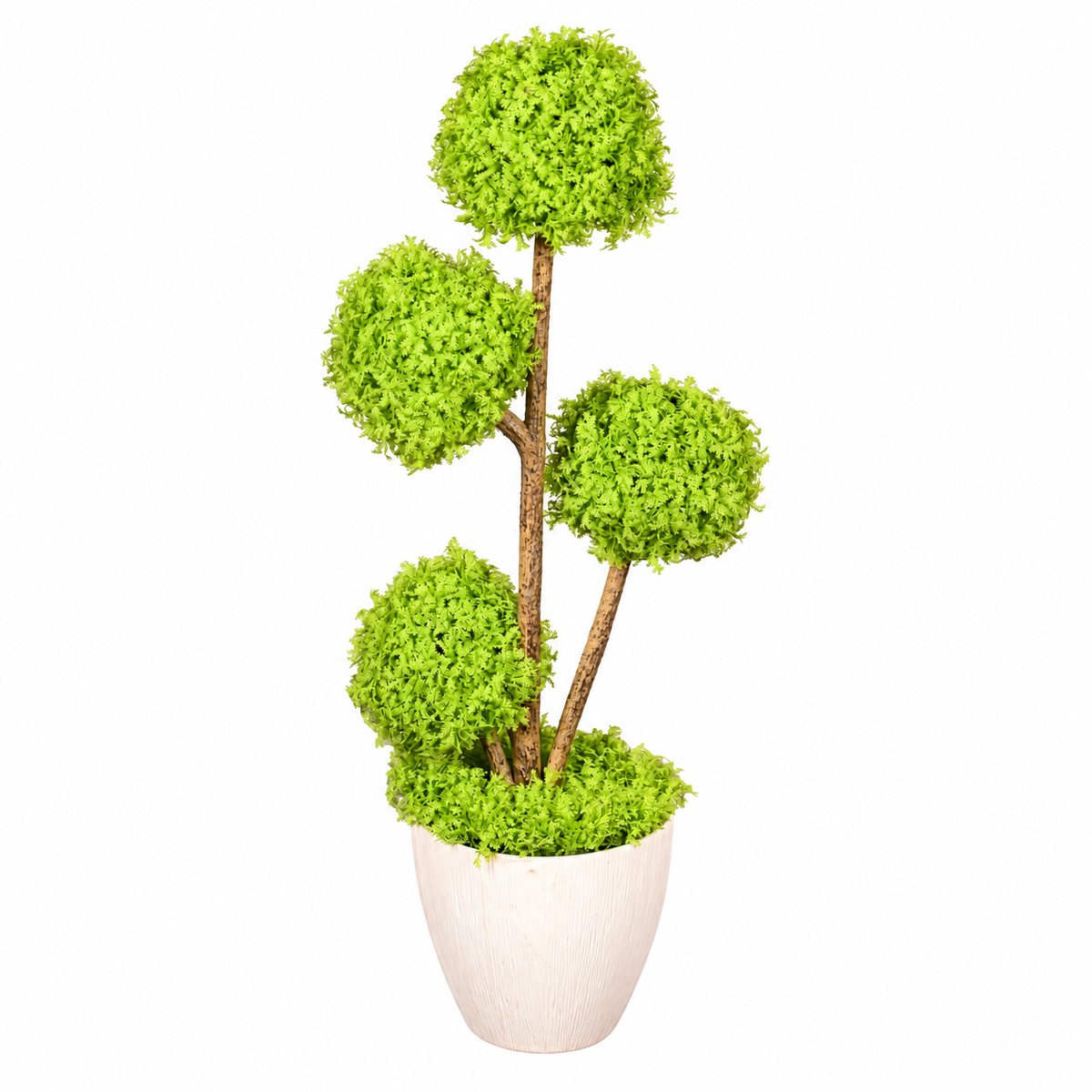 Artificial lime green four-ball topiary in white planter - white