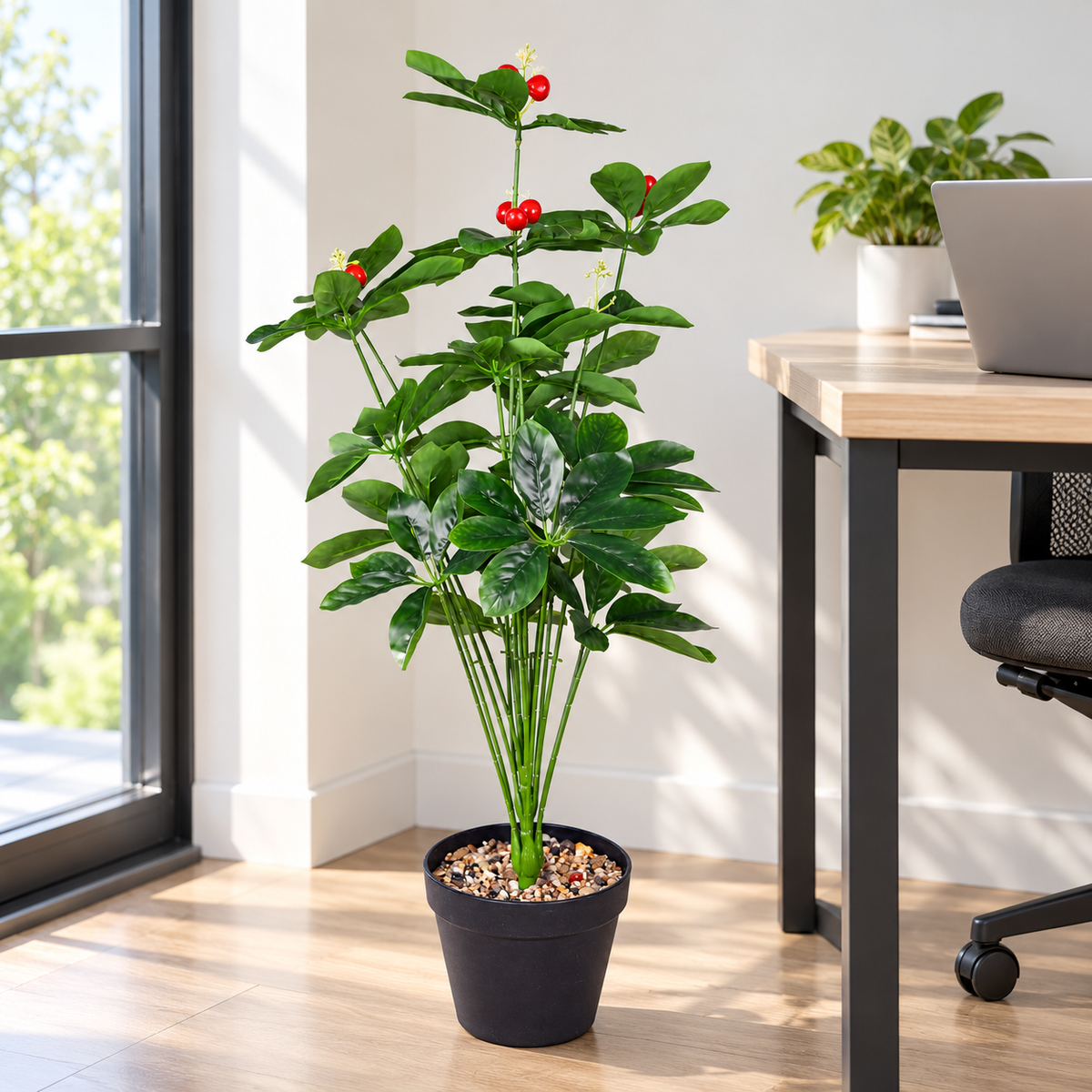 Artificial red fruit green plant 95 cm in black pot - office