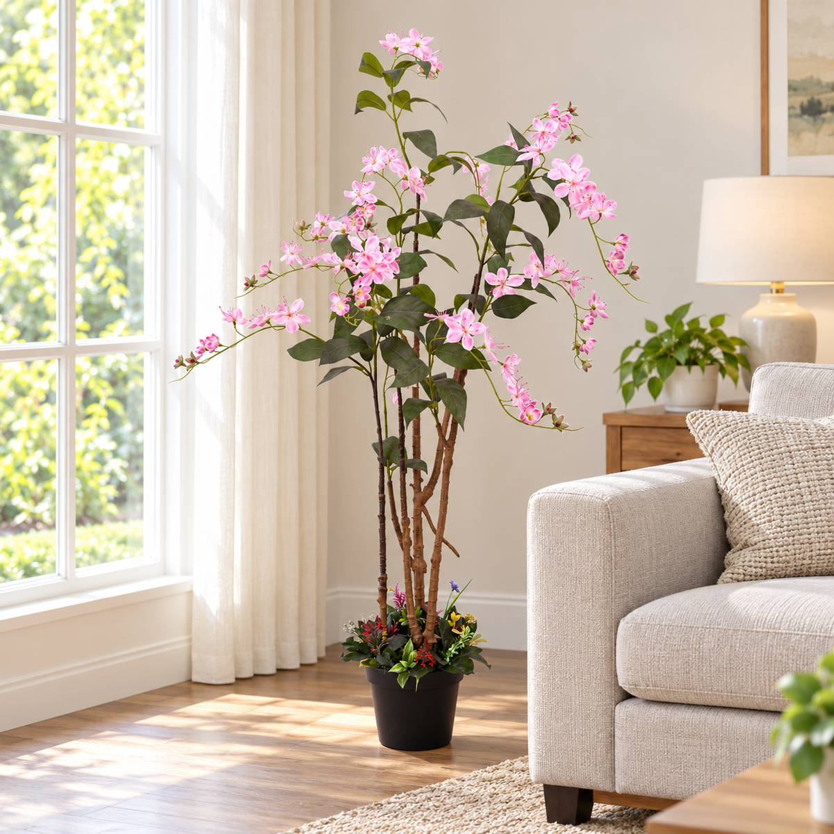 Artificial pink flowering tree with black pot - home
