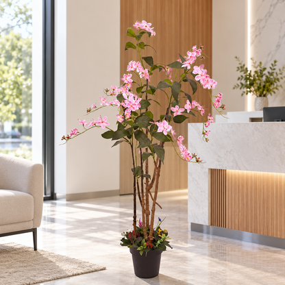 Artificial pink flowering tree with black pot - office