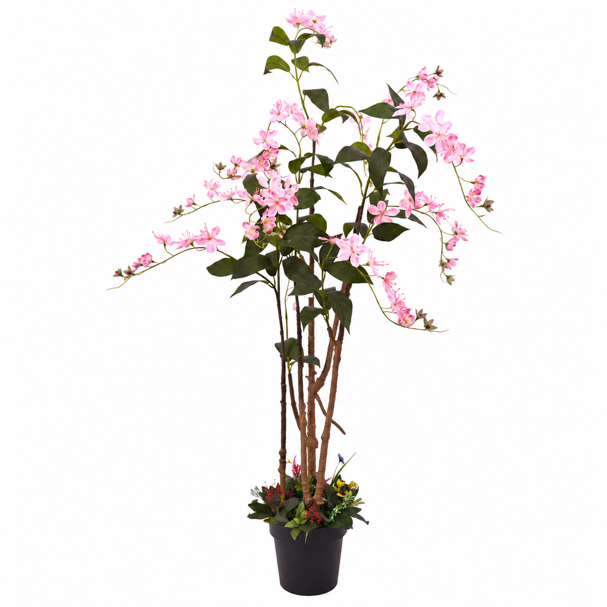 Artificial pink flowering tree with black pot - side