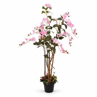 Artificial pink flowering tree with black pot - white