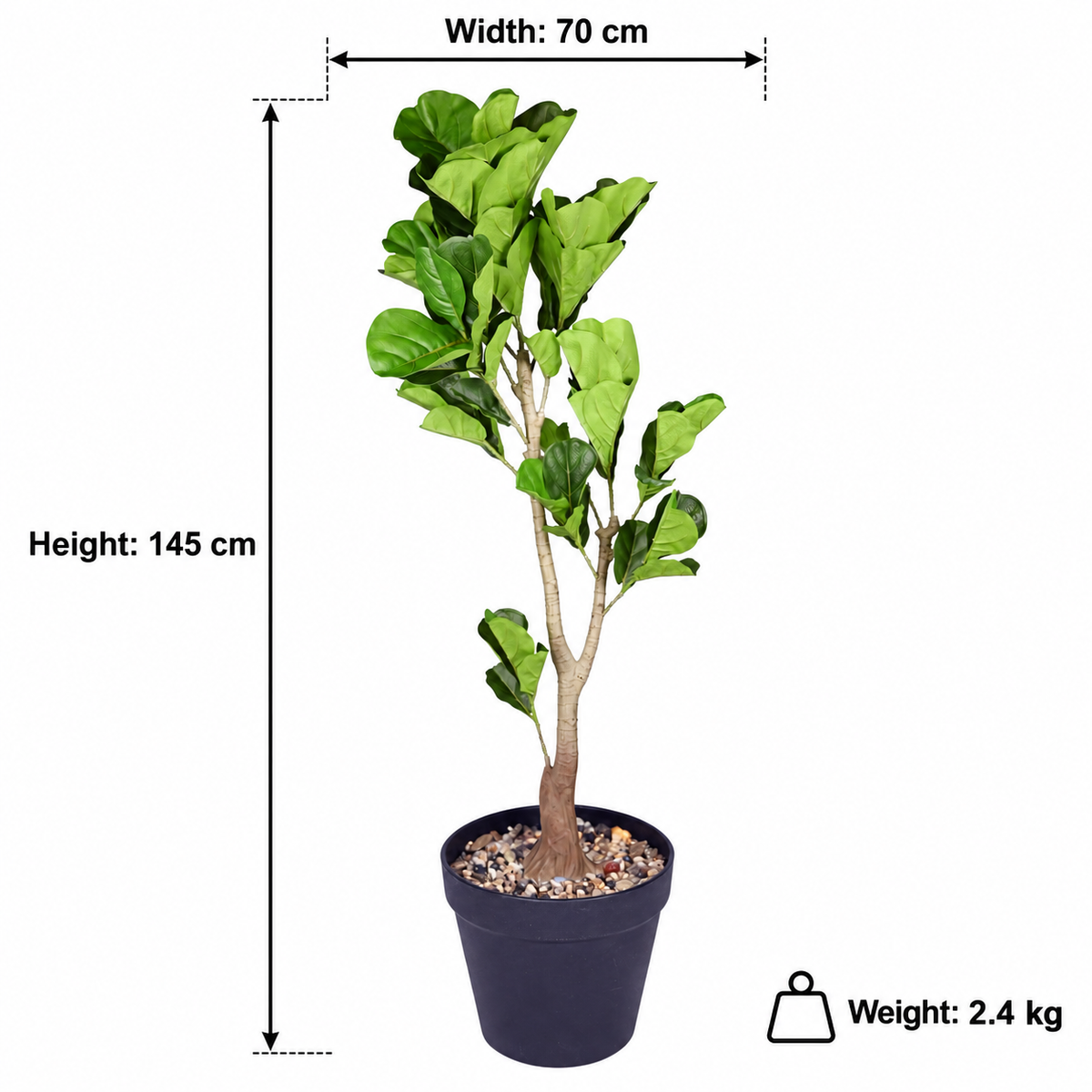 Artificial fiddle leaf tree 145 cm in black pot - dimensions