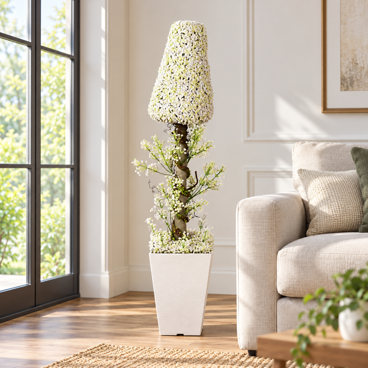 Artificial white floral cone topiary in square planter - home