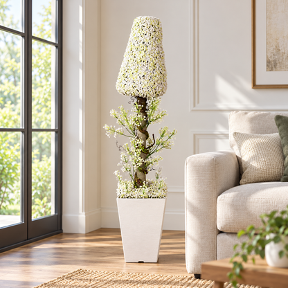 Artificial white floral cone topiary in square planter - home