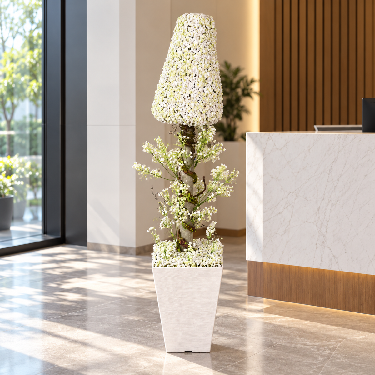 Artificial white floral cone topiary in square planter - office