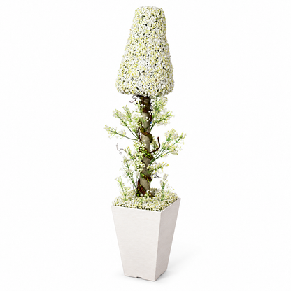 Artificial white floral cone topiary in square planter - side