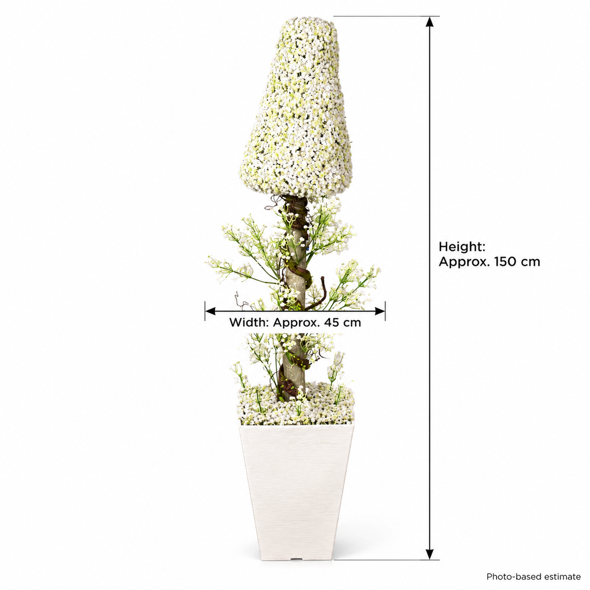 Artificial white floral cone topiary in square planter - size