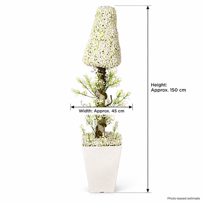 Artificial white floral cone topiary in square planter - size