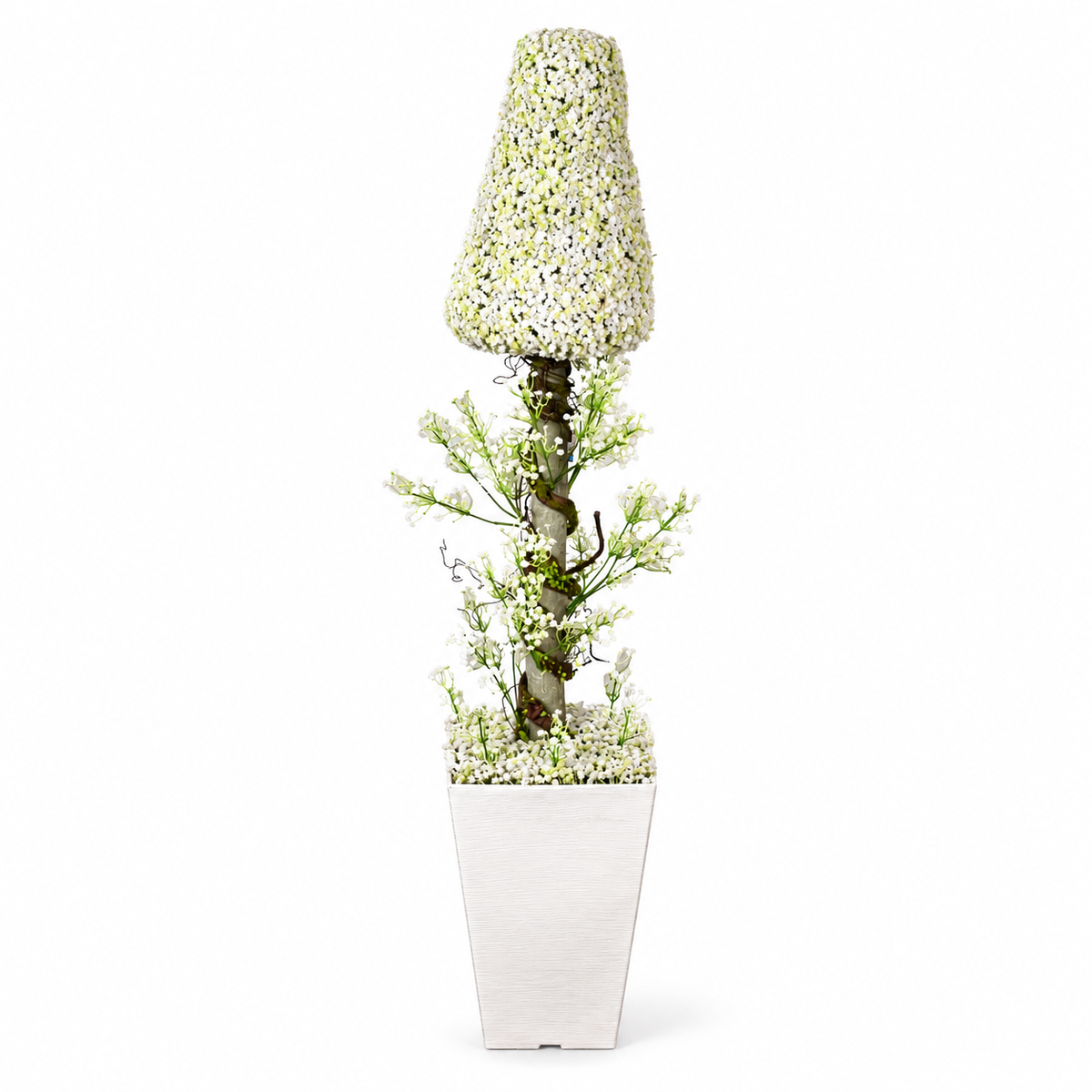 Artificial white floral cone topiary in square planter - white