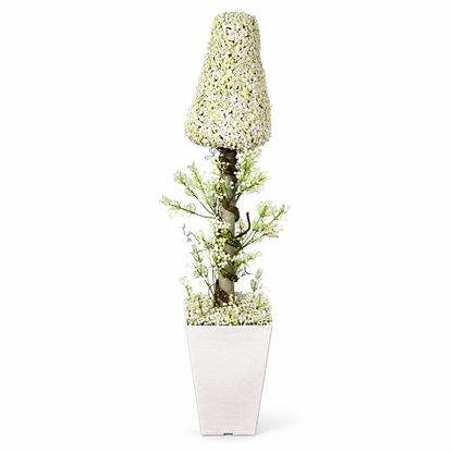 Artificial white floral cone topiary in square planter - white