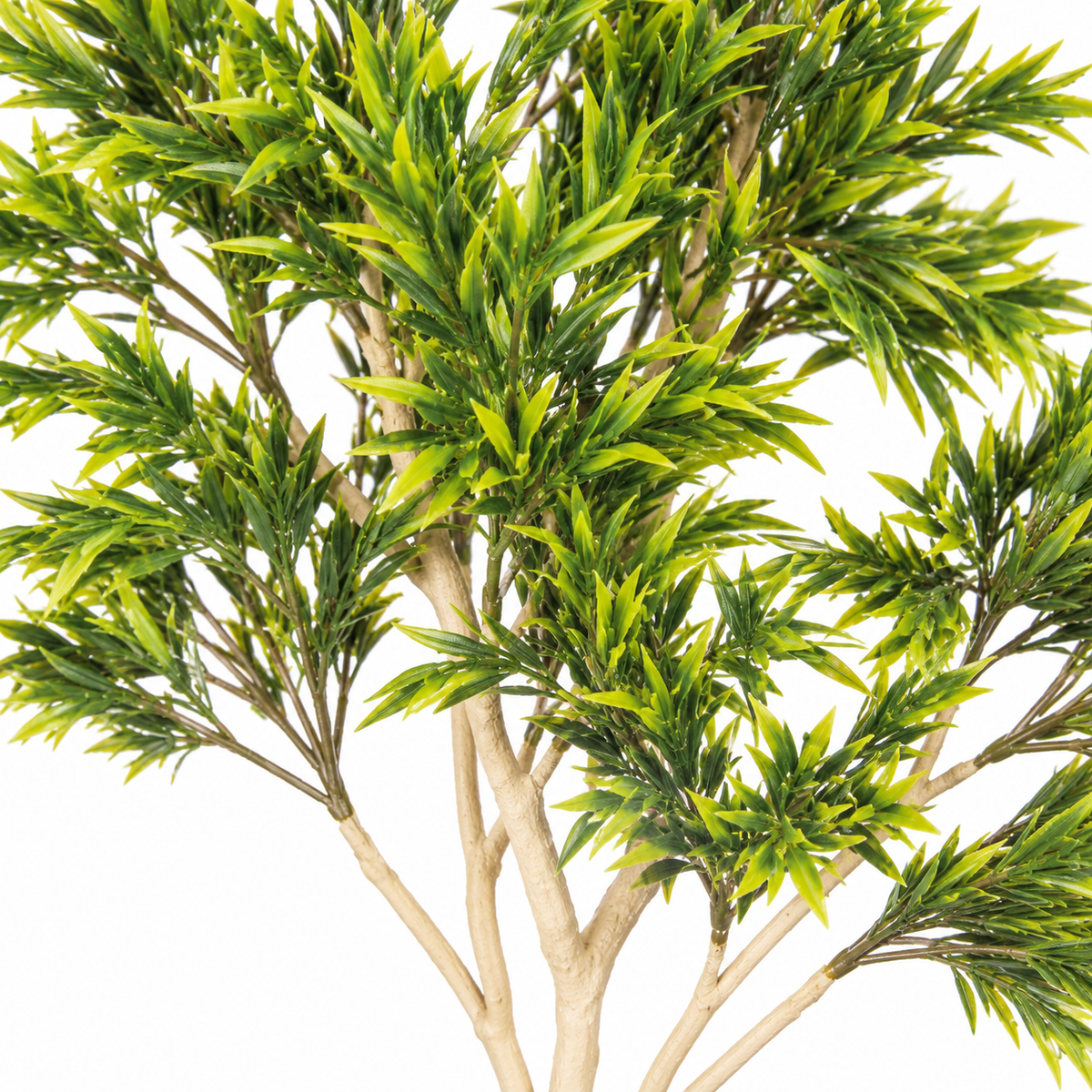 Artificial green foliage tree in white planter - detail