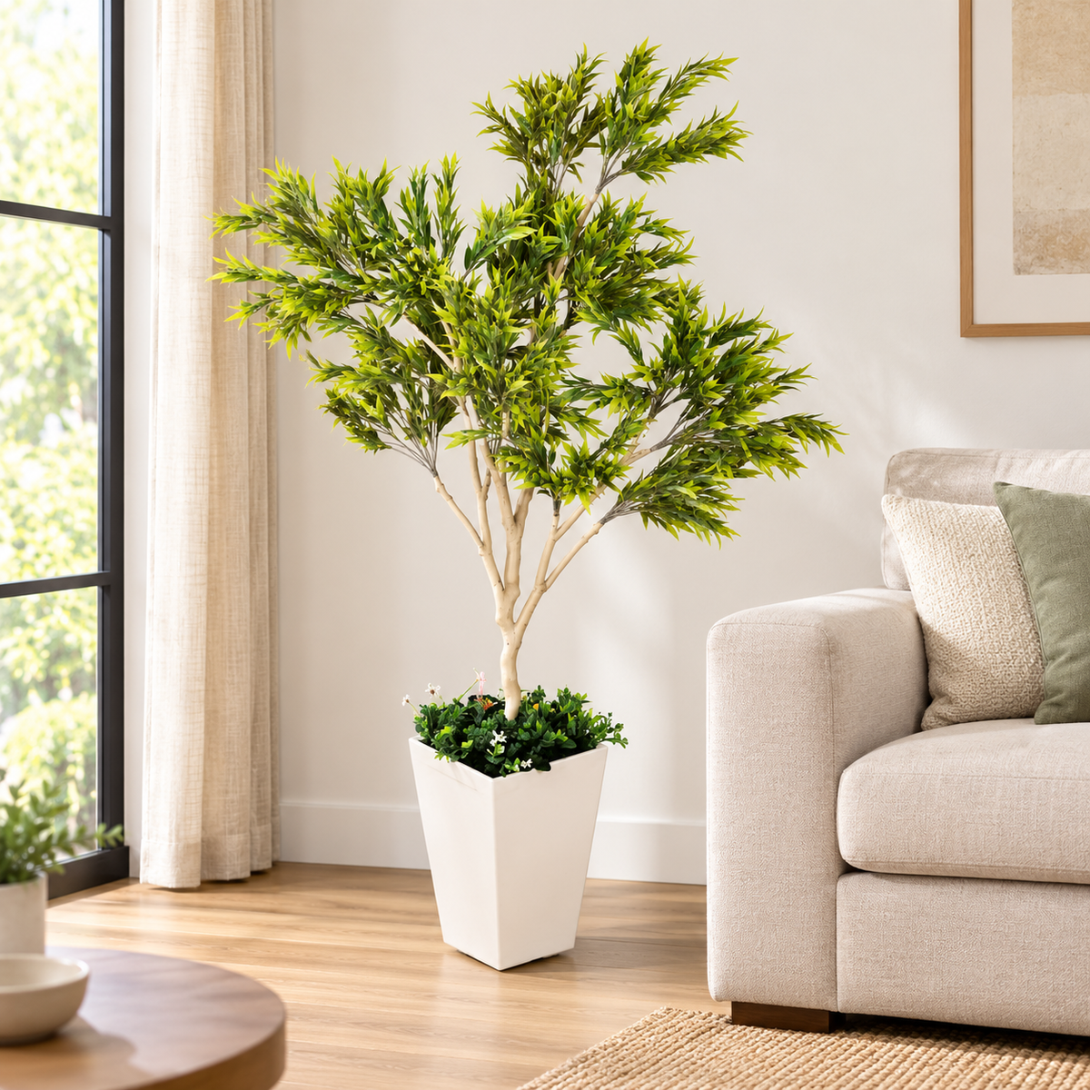 Artificial green foliage tree in white planter - home