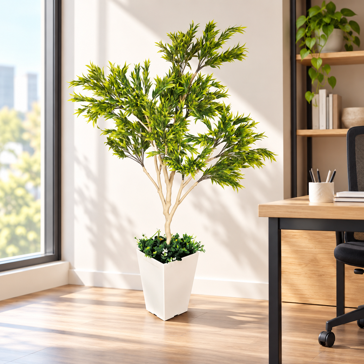 Artificial green foliage tree in white planter - office