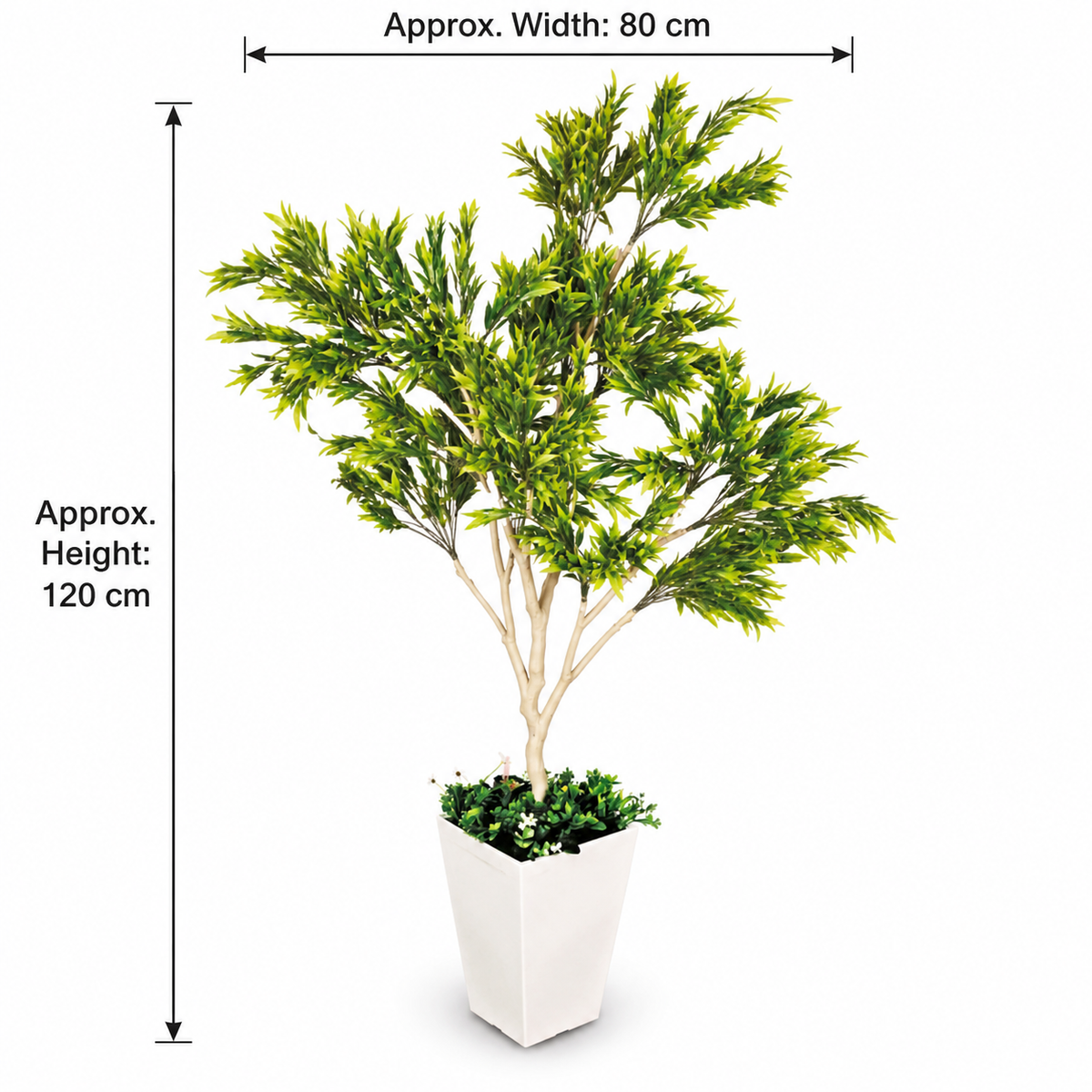 Artificial green foliage tree in white planter - size