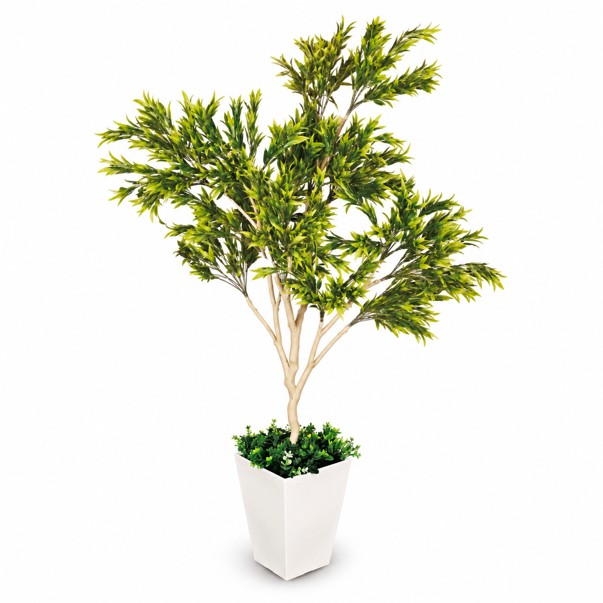 Artificial green foliage tree in white planter - white