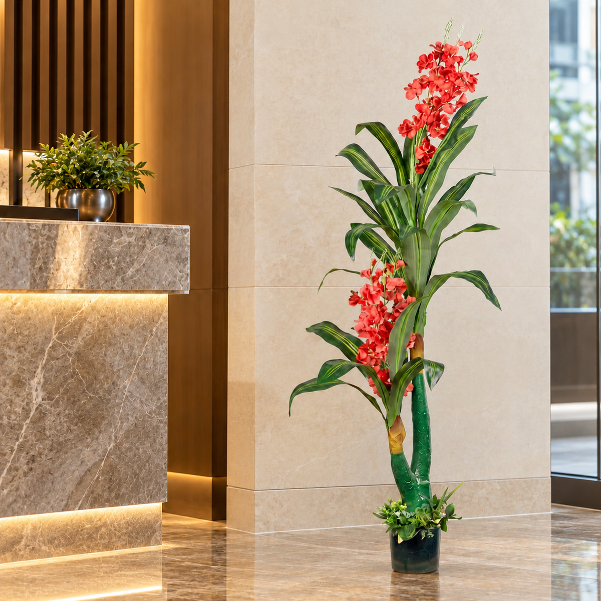 AFF-06 red flowering artificial plant hotel lobby