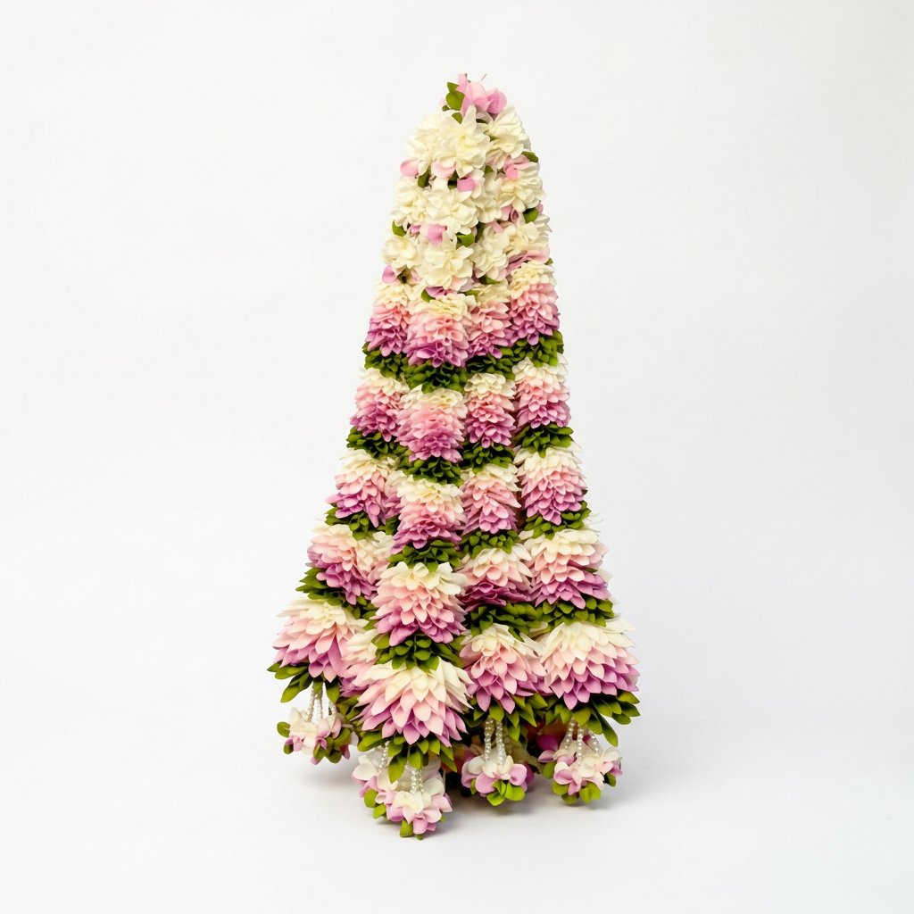 Beautiful Pink & White Fluffy Floral Hanging Garland with Green Leaves – Traditional Flower Latkan for Pooja, Wedding, Mandir & Festive Décor (65 cm) – Pack of 10