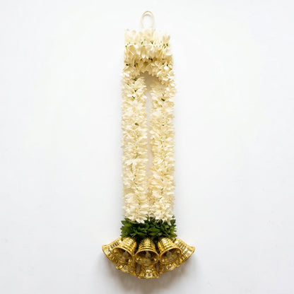 Artificial White Jasmine-Style Flower Hanging Garland with Golden Bells – Traditional Latkan for Pooja, Mandir, Door & Festive Décor (36 cm) – Pack of 10