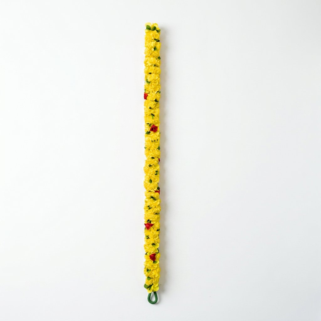 Fresh-Look Yellow Floral Hanging Garland with Red Flower Accents – Traditional Marigold-Style Latkan for Door, Pooja & Festive Décor (102 cm)