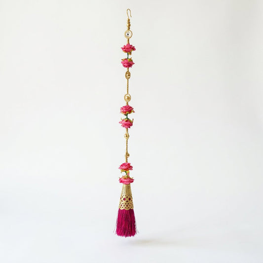 Elegant Pink Floral Hanging Garland with Golden Beads & Silk Tassel – Decorative Door/Window Latkan
