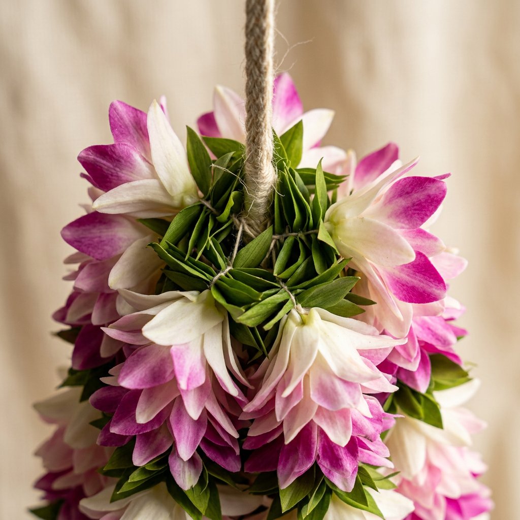 Beautiful Pink & White Fluffy Floral Hanging Garland with Green Leaves – Traditional Flower Latkan for Pooja, Wedding, Mandir & Festive Décor (65 cm) – Pack of 10