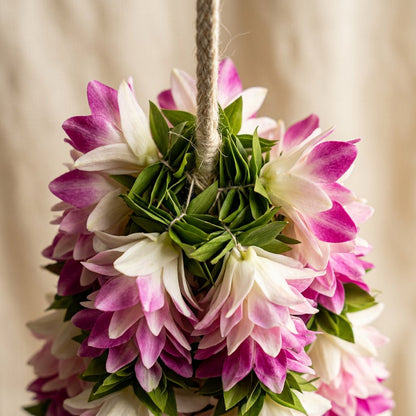 Beautiful Pink & White Fluffy Floral Hanging Garland with Green Leaves – Traditional Flower Latkan for Pooja, Wedding, Mandir & Festive Décor (65 cm) – Pack of 10