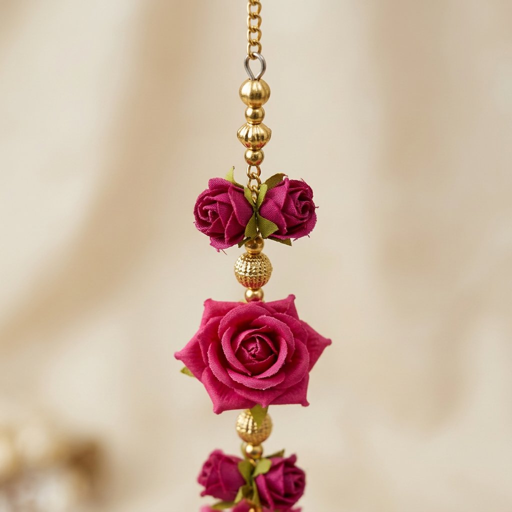 Elegant Pink Floral Hanging Garland with Golden Beads & Silk Tassel – Decorative Door/Window Latkan