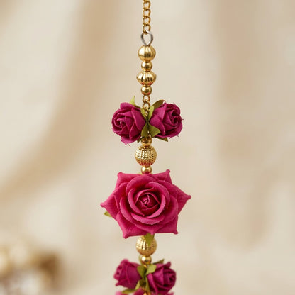 Elegant Pink Floral Hanging Garland with Golden Beads & Silk Tassel – Decorative Door/Window Latkan