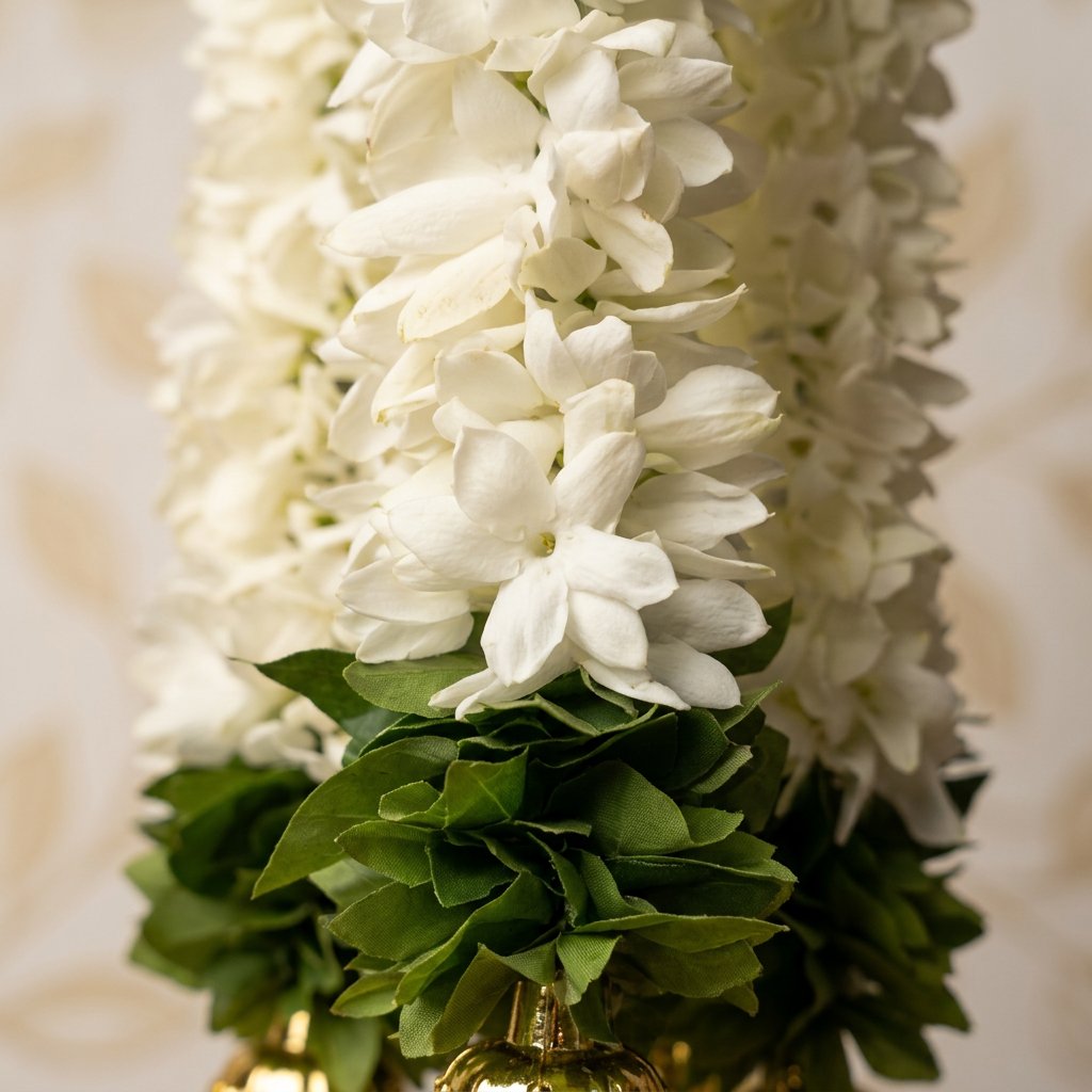 Artificial White Jasmine-Style Flower Hanging Garland with Golden Bells – Traditional Latkan for Pooja, Mandir, Door & Festive Décor (36 cm) – Pack of 10
