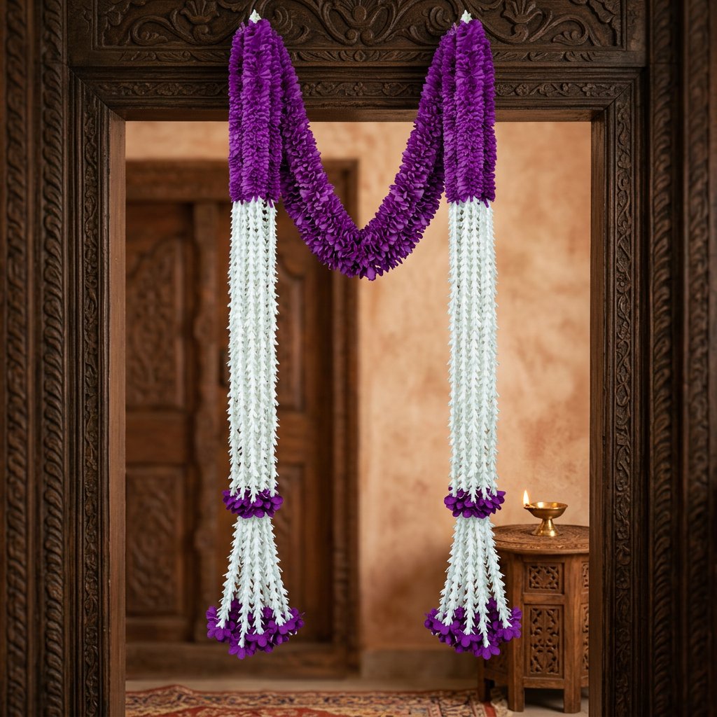 Artificial Purple & White Dangling Flower Garland with Beads – Traditional Latkan for Pooja, Door, Mandir & Festive Décor (65 cm) – Pack of 10