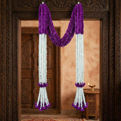 Artificial Purple & White Dangling Flower Garland with Beads – Traditional Latkan for Pooja, Door, Mandir & Festive Décor (65 cm) – Pack of 10
