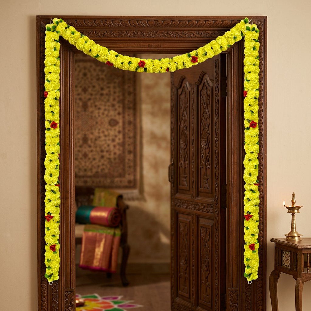 Fresh-Look Yellow Floral Hanging Garland with Red Flower Accents – Traditional Marigold-Style Latkan for Door, Pooja & Festive Décor (102 cm)