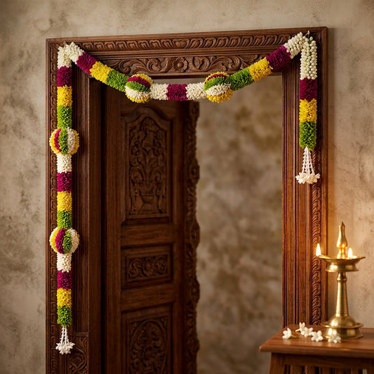 Artificial Multicolour Floral Hanging Garland with Round Flower Motifs – Decorative Band Latkan for Door, Pooja, Mandir & Festive Décor