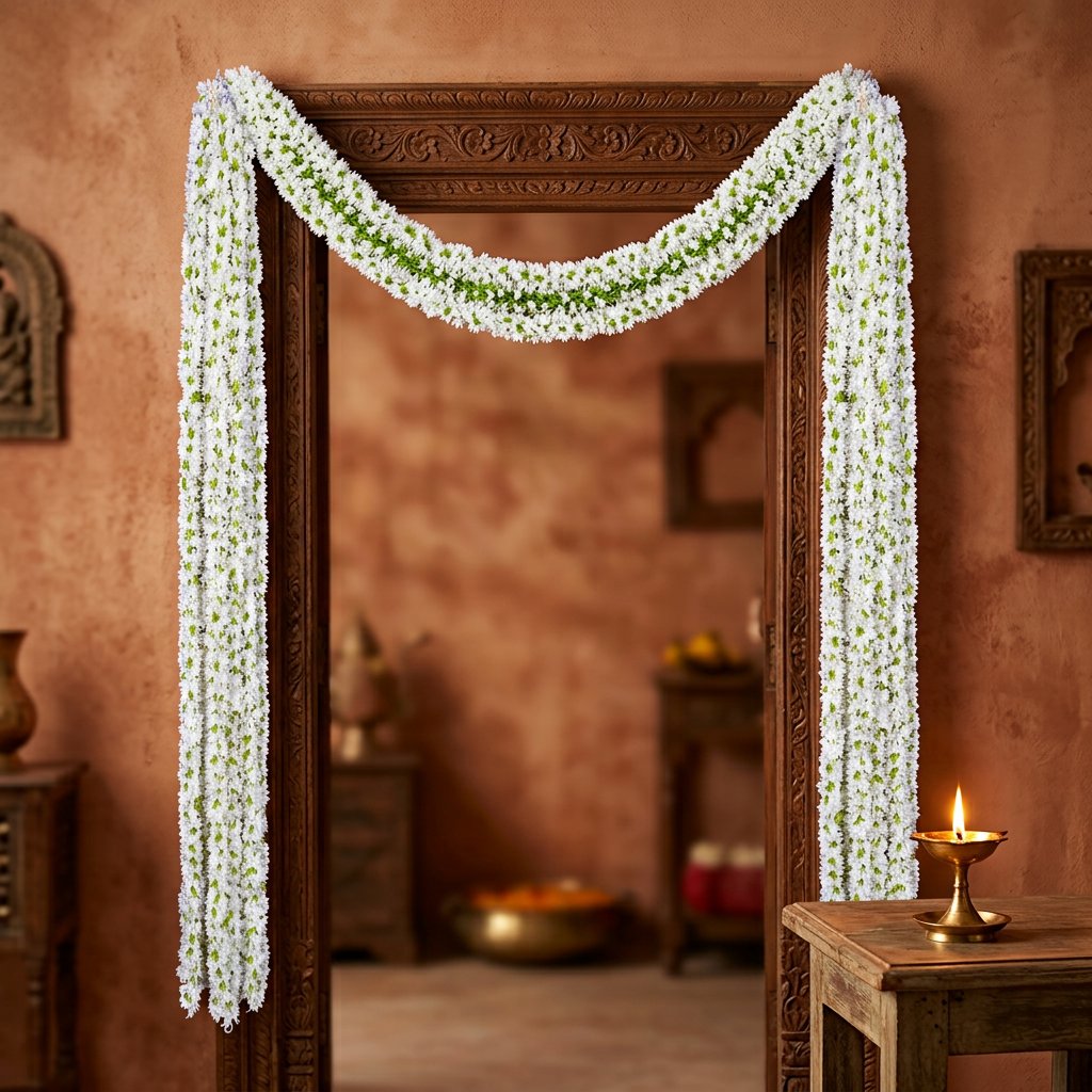 Premium Artificial White Flower Hanging Jhumar Garland – 100 cm