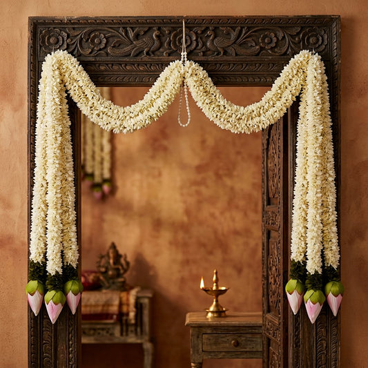 Artificial White Floral Hanging Garland with Lotus Bud Accents – Traditional Latkan for Door, Pooja, Mandir & Festive Décor (65 cm)