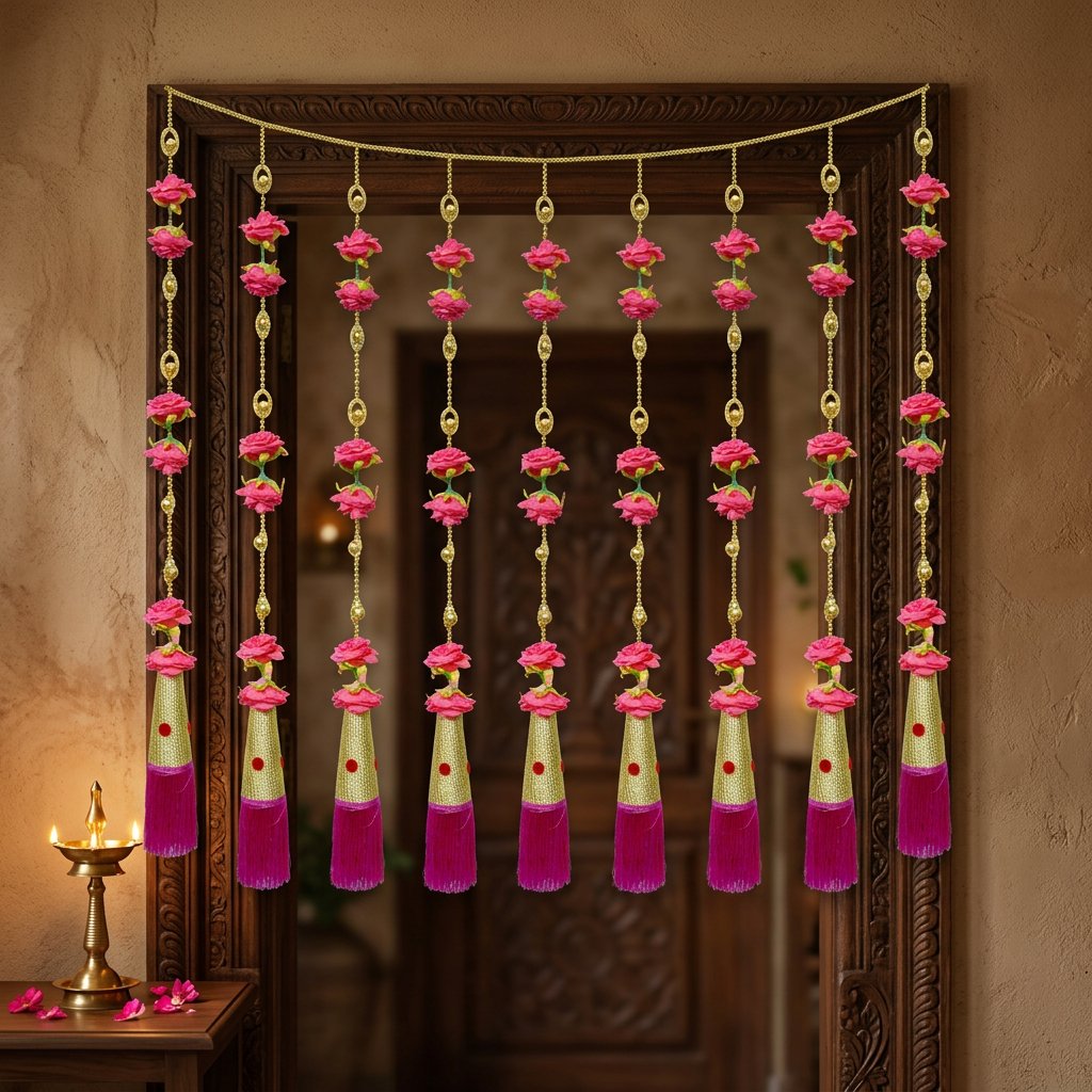 Elegant Pink Floral Hanging Garland with Golden Beads & Silk Tassel – Decorative Door/Window Latkan
