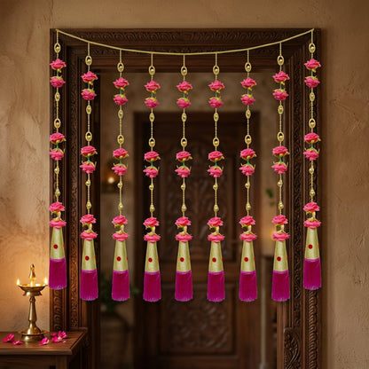 Elegant Pink Floral Hanging Garland with Golden Beads & Silk Tassel – Decorative Door/Window Latkan