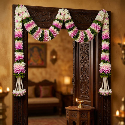 Beautiful Pink & White Fluffy Floral Hanging Garland with Green Leaves – Traditional Flower Latkan for Pooja, Wedding, Mandir & Festive Décor (65 cm) – Pack of 10