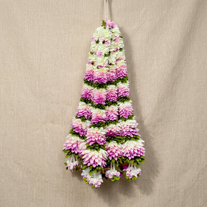 Beautiful Pink & White Fluffy Floral Hanging Garland with Green Leaves – Traditional Flower Latkan for Pooja, Wedding, Mandir & Festive Décor (65 cm) – Pack of 10
