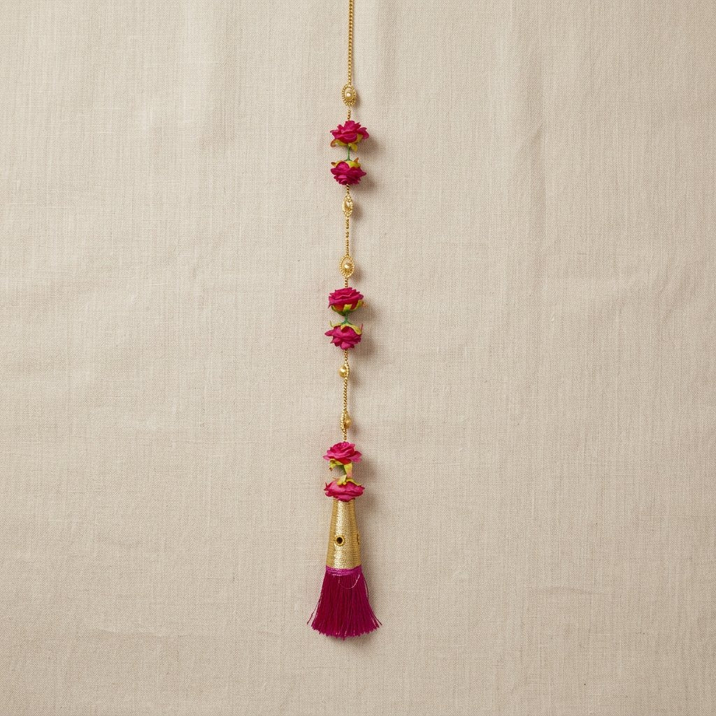 Elegant Pink Floral Hanging Garland with Golden Beads & Silk Tassel – Decorative Door/Window Latkan