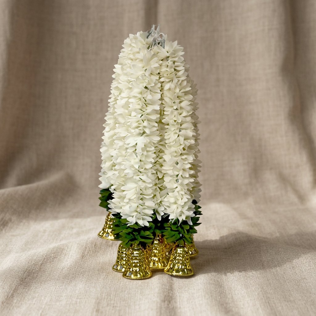 Artificial White Jasmine-Style Flower Hanging Garland with Golden Bells – Traditional Latkan for Pooja, Mandir, Door & Festive Décor (36 cm) – Pack of 10