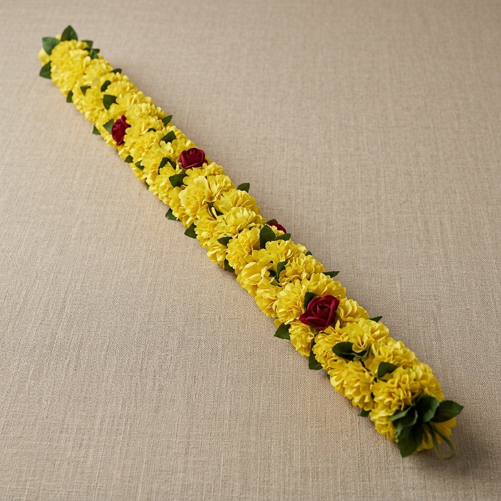 Fresh-Look Yellow Floral Hanging Garland with Red Flower Accents – Traditional Marigold-Style Latkan for Door, Pooja & Festive Décor (102 cm)