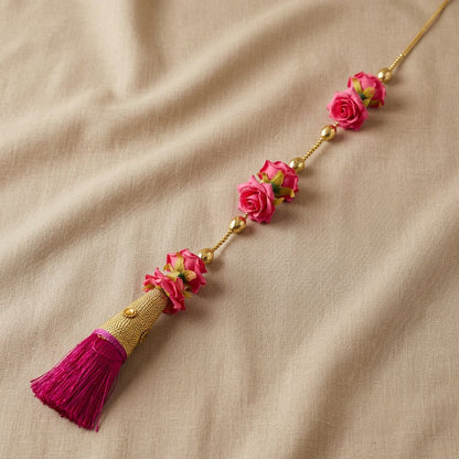 Elegant Pink Floral Hanging Garland with Golden Beads & Silk Tassel – Decorative Door/Window Latkan