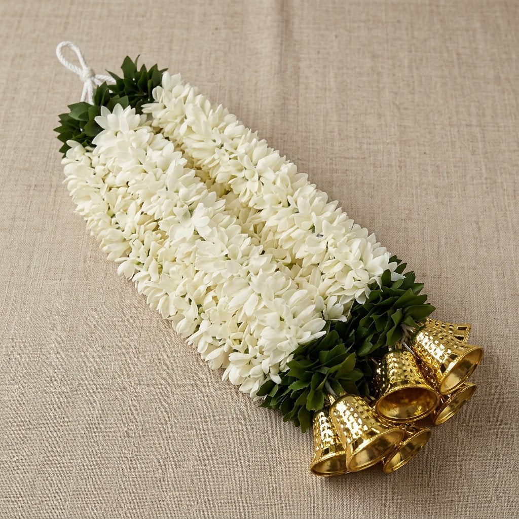 Artificial White Jasmine-Style Flower Hanging Garland with Golden Bells – Traditional Latkan for Pooja, Mandir, Door & Festive Décor (36 cm) – Pack of 10
