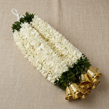 Artificial White Jasmine-Style Flower Hanging Garland with Golden Bells – Traditional Latkan for Pooja, Mandir, Door & Festive Décor (36 cm) – Pack of 10